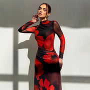 Mesh-printed Waist-cinching Figure-flattering Knit Long-sleeve Dress With Lining