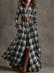 French Vintage Plaid Women Dress