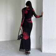 Mesh-printed Waist-cinching Figure-flattering Knit Long-sleeve Dress With Lining