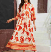 Orange Floral Ethnic Stand-Collar Maxi Dress