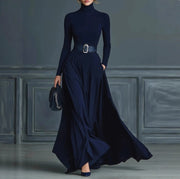 Long Sleeve Solid Color Waist Slim High Neck Maxi Dress