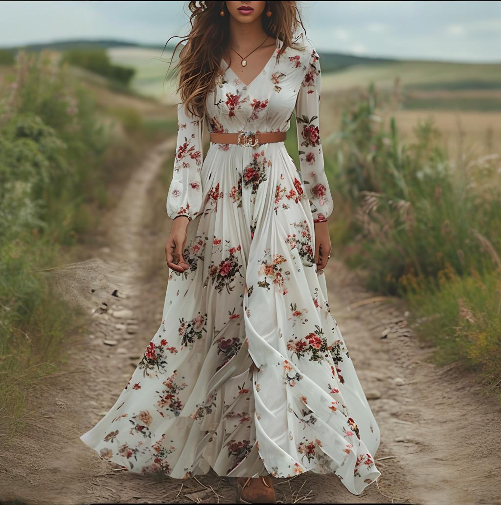 Temperament V-neck Long Sleeve Printed Dress For Woman