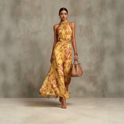Neck-hanging Printed Chiffon Maxi Dress