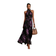 Neck-hanging Printed Chiffon Maxi Dress
