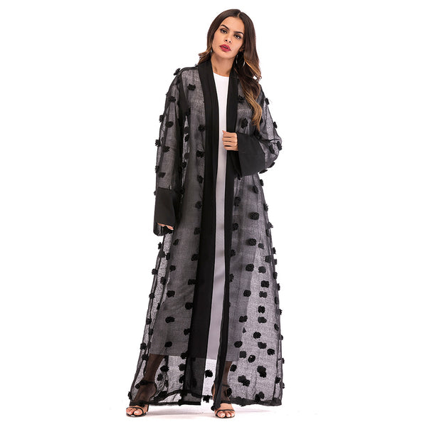 3D Floral Mesh Loose Lace Up Long Sleeved Cardigan Robe For Women