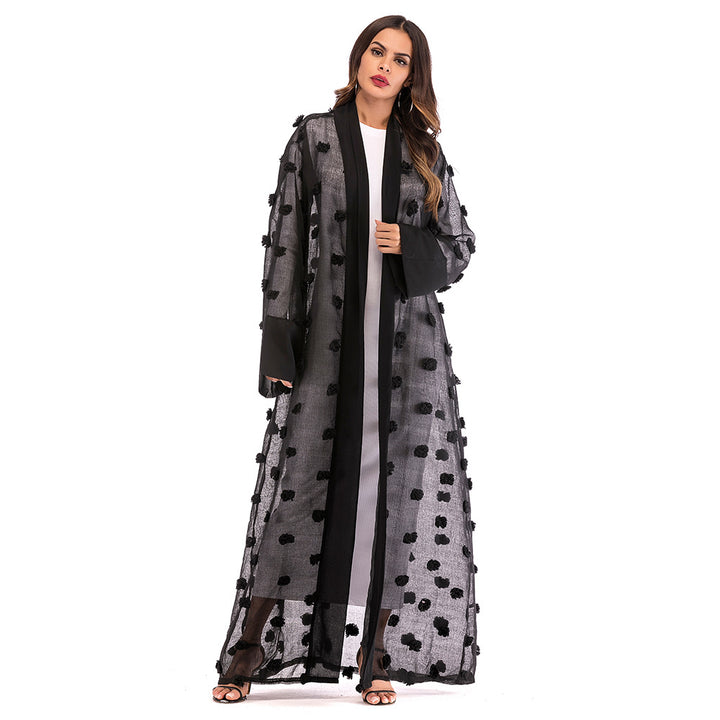 3D Floral Mesh Loose Lace Up Long Sleeved Cardigan Robe For Women