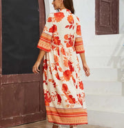 Orange Floral Ethnic Stand-Collar Maxi Dress