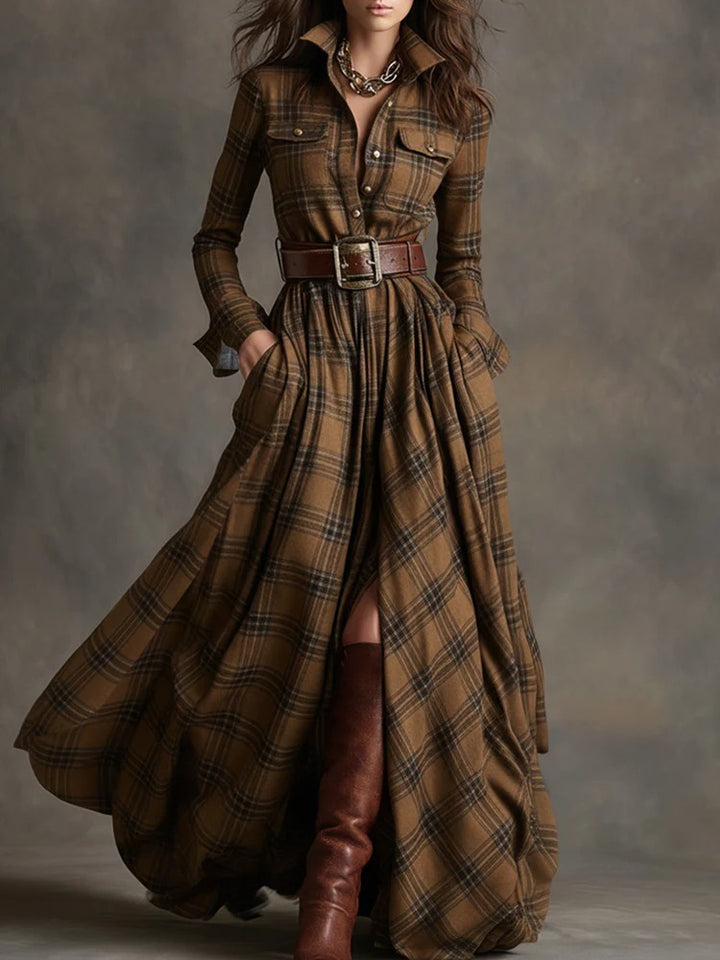 French Vintage Plaid Women Dress