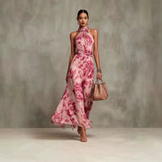 Neck-hanging Printed Chiffon Maxi Dress