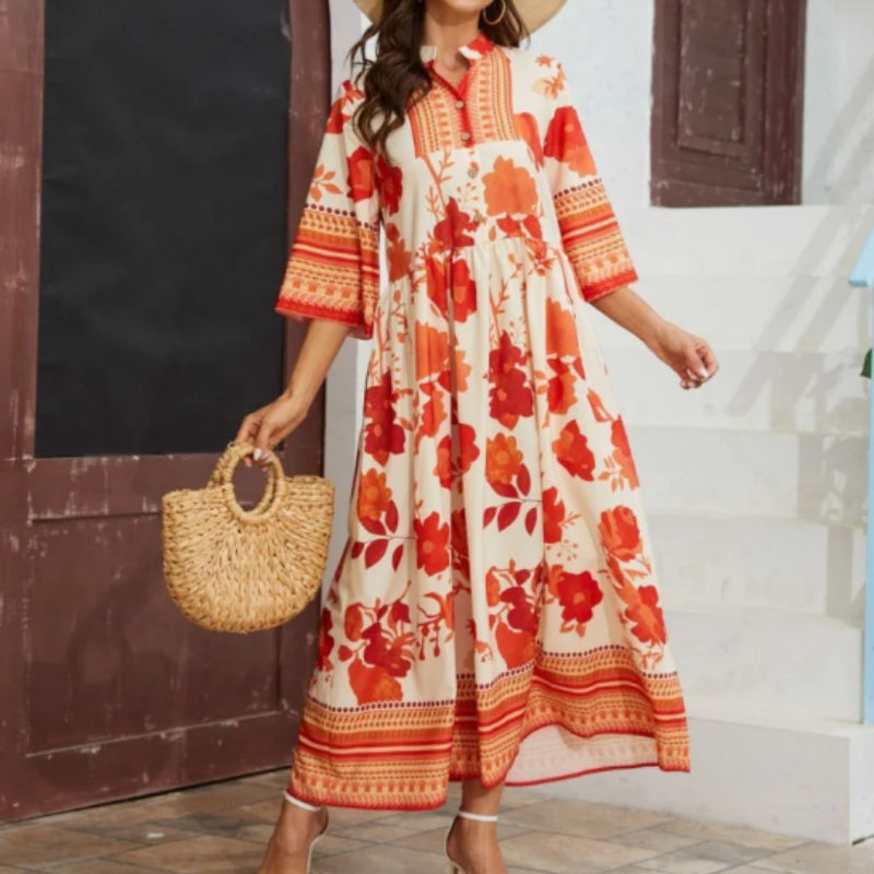 Orange Floral Ethnic Stand-Collar Maxi Dress