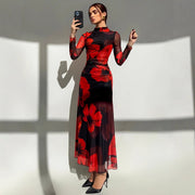 Mesh-printed Waist-cinching Figure-flattering Knit Long-sleeve Dress With Lining