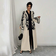 Women's V-neck Long Cardigan Printed Flared Long-sleeve Lace-up Dress
