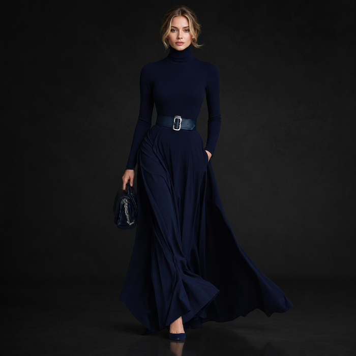 Long Sleeve Solid Color Waist Slim High Neck Maxi Dress