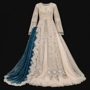 Luxury ivory bridal dress with silver embroidery and deep teal embellished dupatta