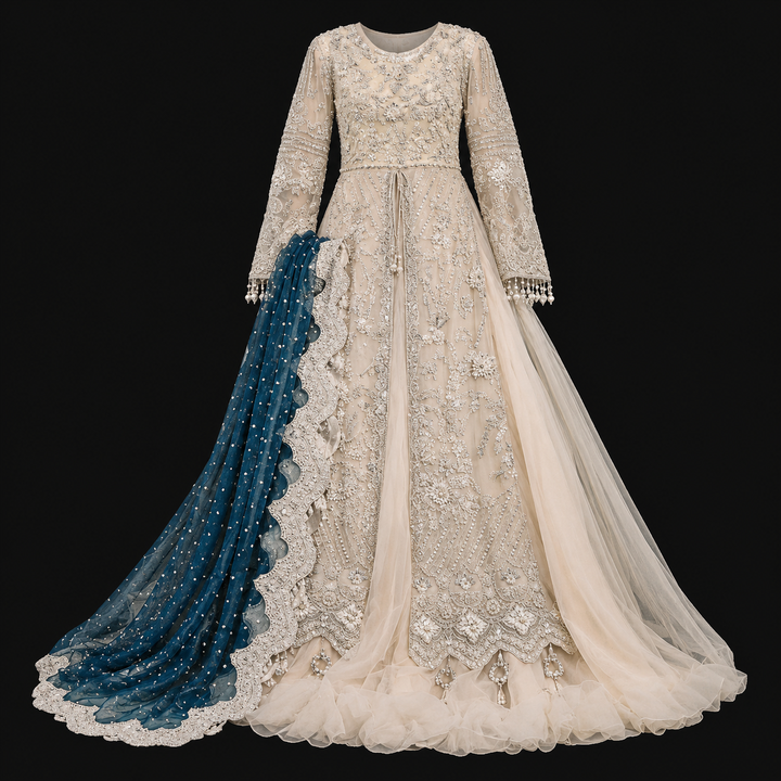 Luxury ivory bridal dress with silver embroidery and deep teal embellished dupatta