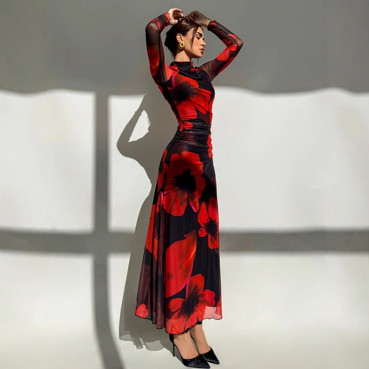 Mesh-printed Waist-cinching Figure-flattering Knit Long-sleeve Dress With Lining
