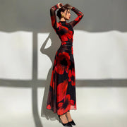 Mesh-printed Waist-cinching Figure-flattering Knit Long-sleeve Dress With Lining