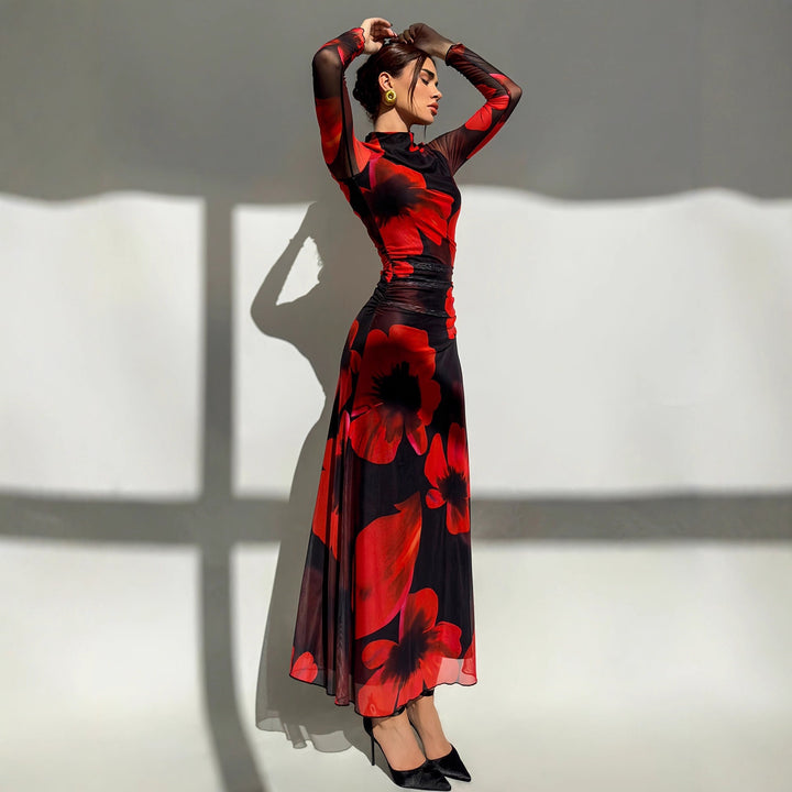 Mesh-printed Waist-cinching Figure-flattering Knit Long-sleeve Dress With Lining