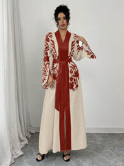 Women's V-neck Long Cardigan Printed Flared Long-sleeve Lace-up Dress