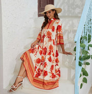 Orange Floral Ethnic Stand-Collar Maxi Dress