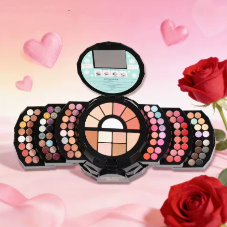 Makeup Palette Featuring Shimmering Eyeshadows Contouring Products Lipsticks And Matte Blush