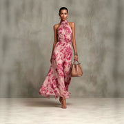 Neck-hanging Printed Chiffon Maxi Dress