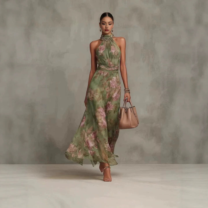 Neck-hanging Printed Chiffon Maxi Dress