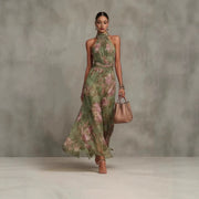 Neck-hanging Printed Chiffon Maxi Dress