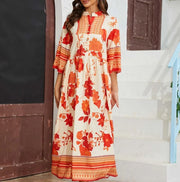 Orange Floral Ethnic Stand-Collar Maxi Dress