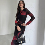 Mesh-printed Waist-cinching Figure-flattering Knit Long-sleeve Dress With Lining