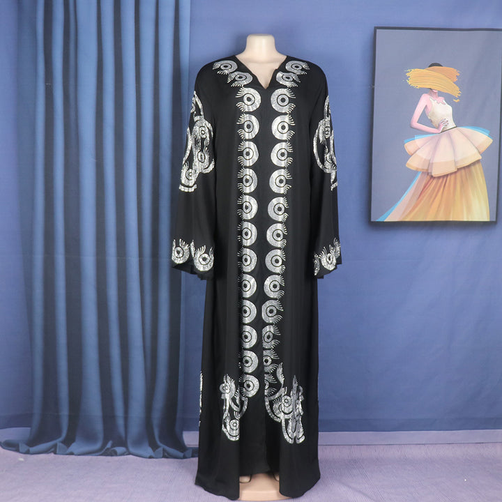 Women's Fashion V-neck Front And Rear Rhinestone Bell Sleeve Robe