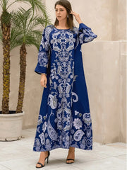 Elegant Floral Print Long Sleeve Abaya Dress