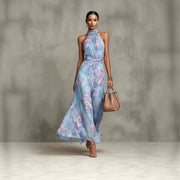 Neck-hanging Printed Chiffon Maxi Dress