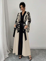 Women's V-neck Long Cardigan Printed Flared Long-sleeve Lace-up Dress